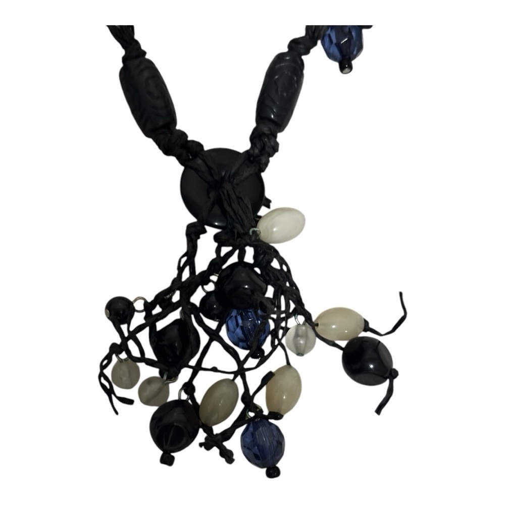 Button and Bead Necklace with Black Chord Black/White Women - Picture 3 of 8